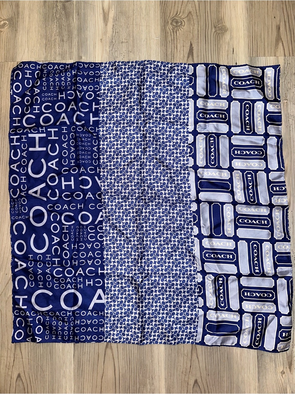 Coach Blue and White Logo Panel Silk Scarf